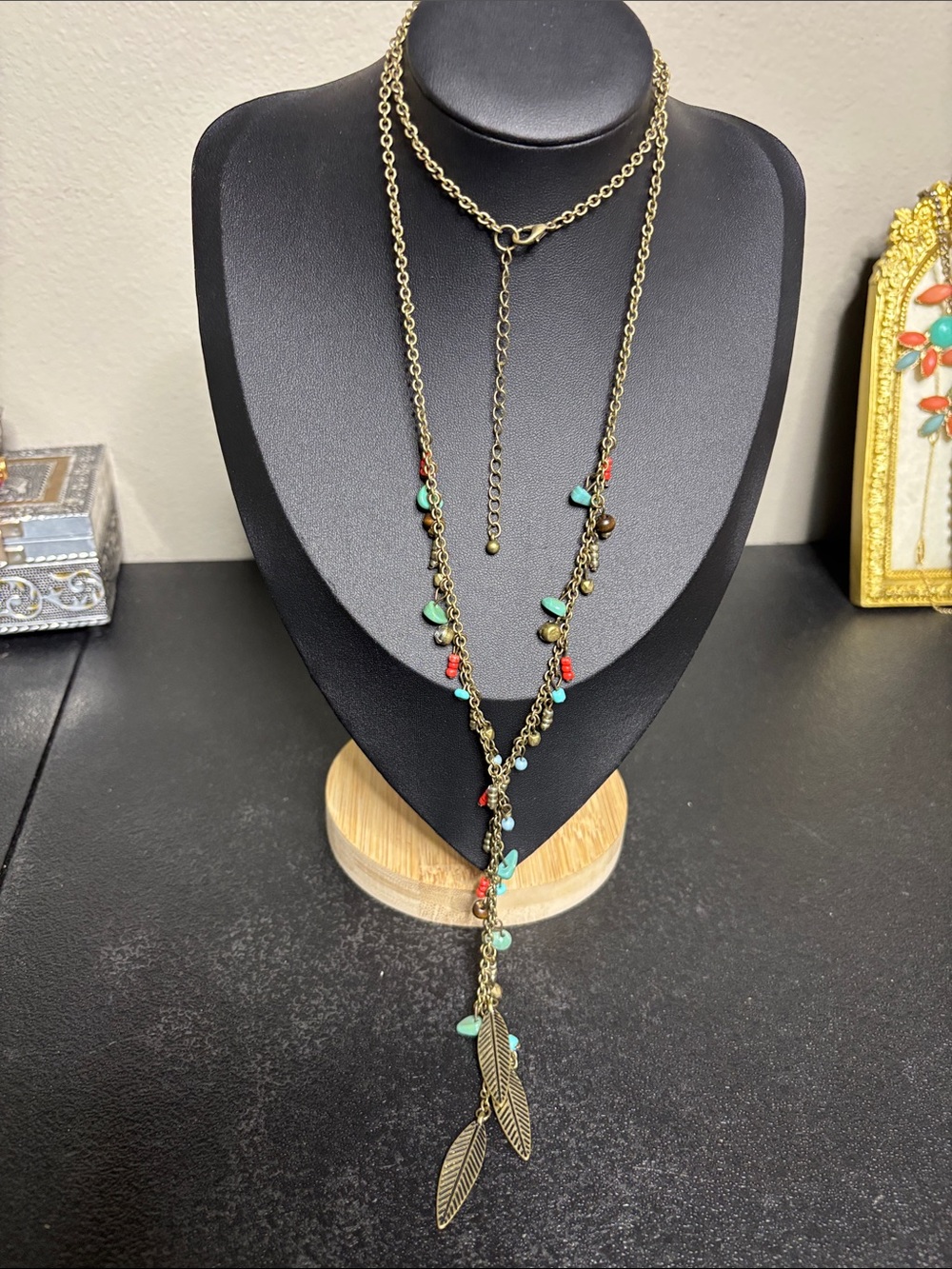 dainty Gold-Tone Layered Feather Lariat Necklace Turquoise and Coral Accent